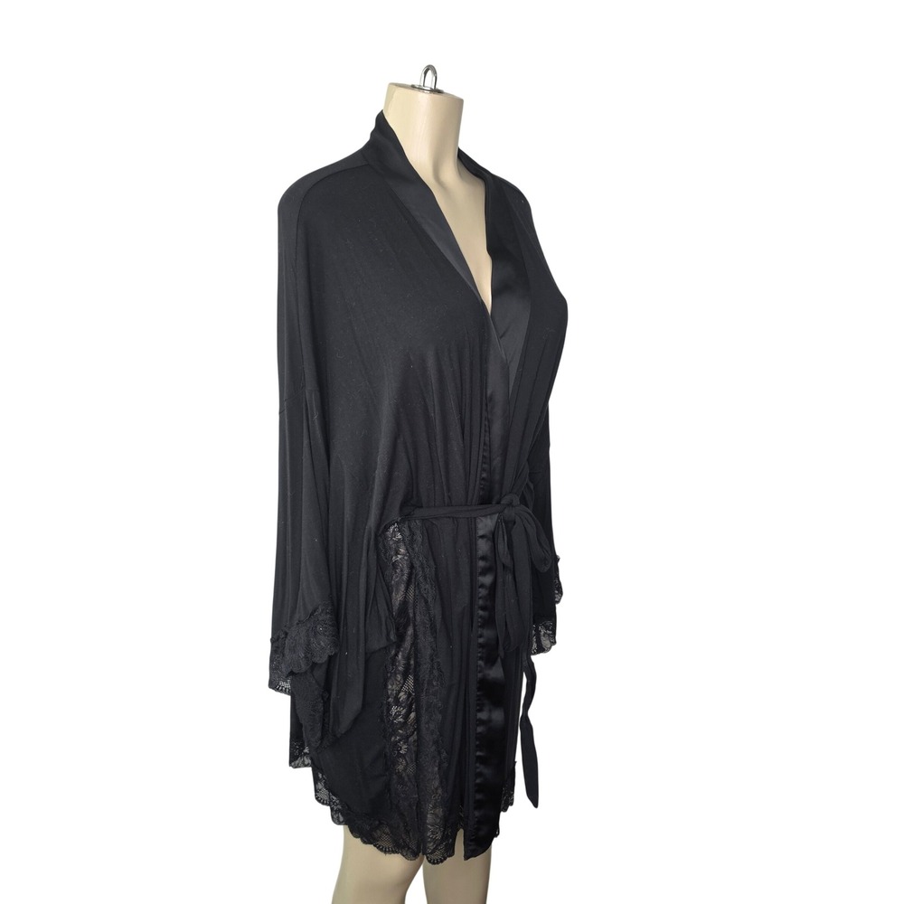 Victoria's Secret Robe Women XL/XXL Black Heavenly Lace Trim Kimono Modal Belted